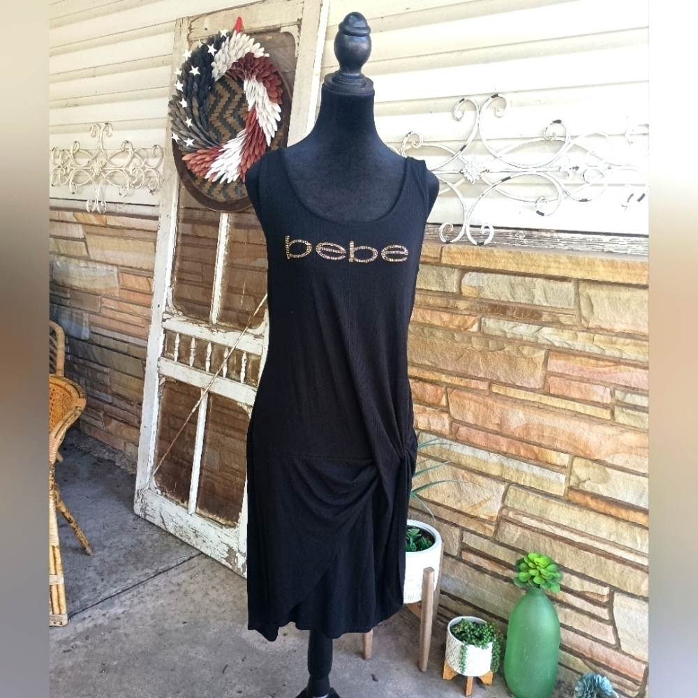 NWOT Bebe Black Midi Dress with Gold Accents_Large